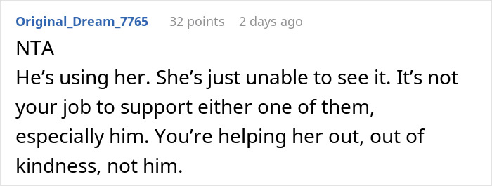 Screenshot of a Reddit comment discussing a rich man realizing he is quietly bankrolling sister&rsquo;s jobless boyfriend.