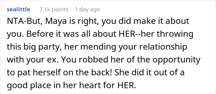 Screenshot of a social media comment discussing a woman criticized for skipping her birthday party organized by her sister due to her ex being invited. Screenshot of a social media comment discussing a woman criticized for skipping her birthday party organized by her sister due to her ex being invited.