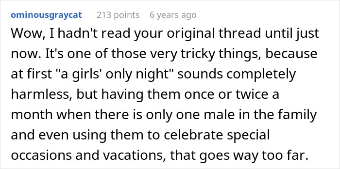 Screenshot of a forum comment discussing a guy furious after family excludes him from girl days and his need to grow up. Screenshot of a forum comment discussing a guy furious after family excludes him from girl days and his need to grow up.