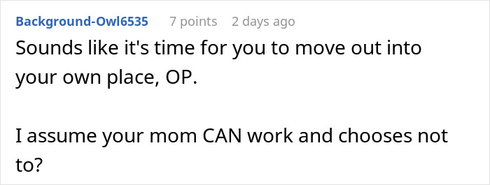 Screenshot of an online comment discussing a woman who hasn&rsquo;t worked since 2006 demanding child pay her bills.