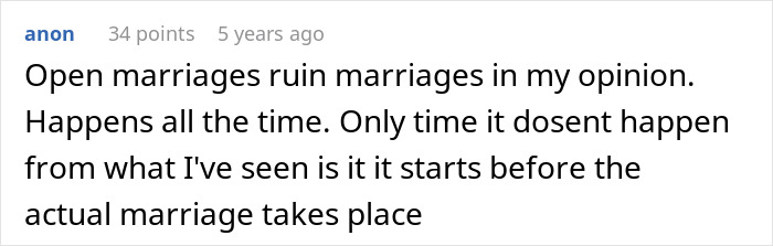 Comment about open marriages expressing opinion that they often ruin marriages, text in a forum post discussing open marriage impact. Comment about open marriages expressing opinion that they often ruin marriages, text in a forum post discussing open marriage impact.