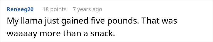 Screenshot of a Reddit comment about a llama gaining five pounds, related to MIL playing the long game with furniture rearrangement.