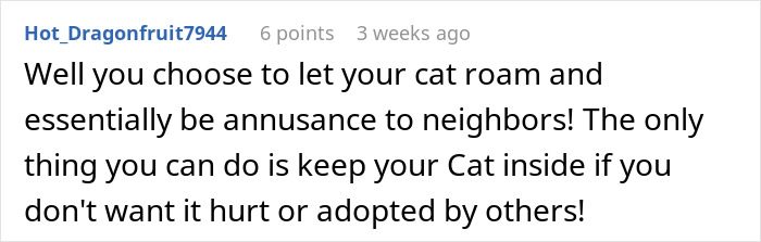 Screenshot of a user comment discussing a cat disappearing for days and being adopted by neighbors.