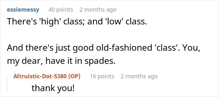 Reddit comment praising a woman proving husband's family are lying snobs with a simple switch, highlighting class differences. Reddit comment praising a woman proving husband's family are lying snobs with a simple switch, highlighting class differences.