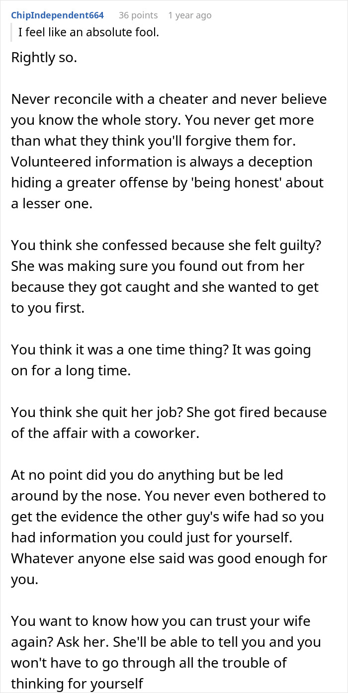 Text post discussing a man’s discovery of his wife’s prolonged cheating beyond one drunken night.