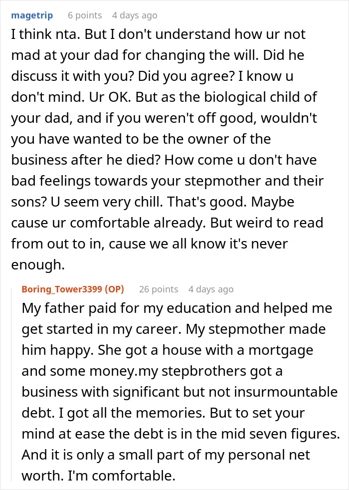 Reddit conversation about emptying father's estate with will changes, stepmother, stepbrothers, and managing inherited debt.