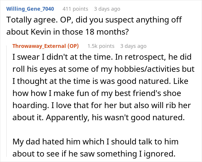 Reddit screenshot of woman saying she missed boyfriend red flags for 18 months in comment thread