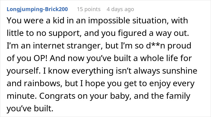 Comment from Longjumping-Brick200 praising a teen's plan to make her 32-year-old husband divorce her quickly.