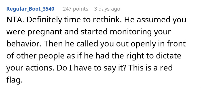 Screenshot of a Reddit comment discussing a man showing his true colors after assuming fiancée is pregnant. Screenshot of a Reddit comment discussing a man showing his true colors after assuming fiancée is pregnant.