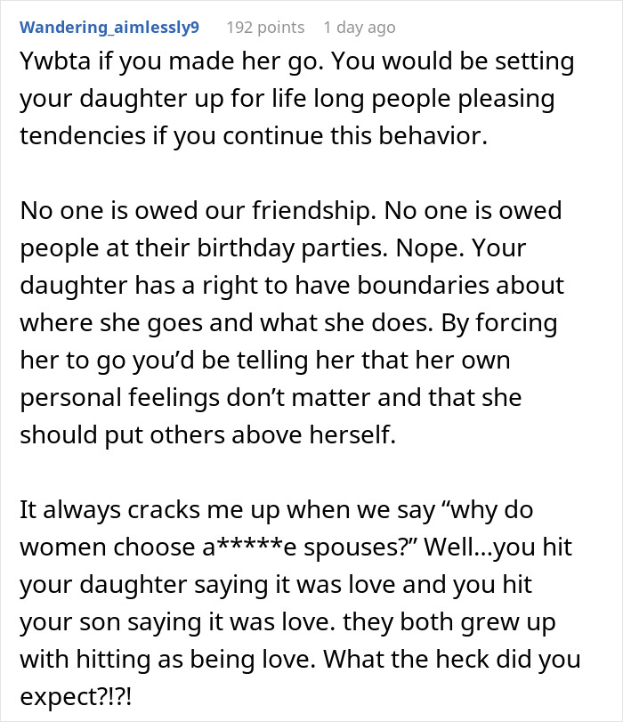 Screenshot of Reddit comment about parent wonders whether to make daughter attend a birthday party Screenshot of Reddit comment about parent wonders whether to make daughter attend a birthday party