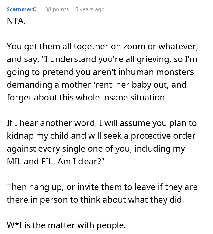 Comment warning family about cousin with cancer wanting to borrow baby to experience motherhood, calling it creepy behavior.