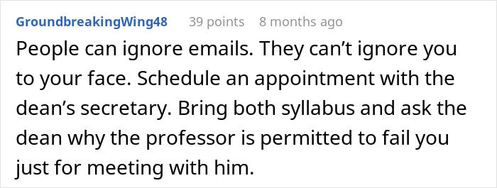 Comment on student forum advising to schedule dean meeting about professor's phone rule causing risk of failing class.