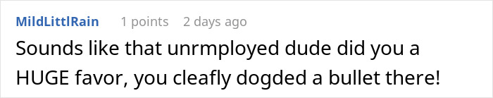 Comment text discussing a story about an unemployed woman cheating on her boyfriend with a jobless man.