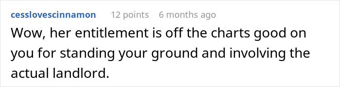 Comment highlighting sister’s entitlement to harass brother’s tenant, praising standing ground and landlord involvement. Comment highlighting sister’s entitlement to harass brother’s tenant, praising standing ground and landlord involvement.