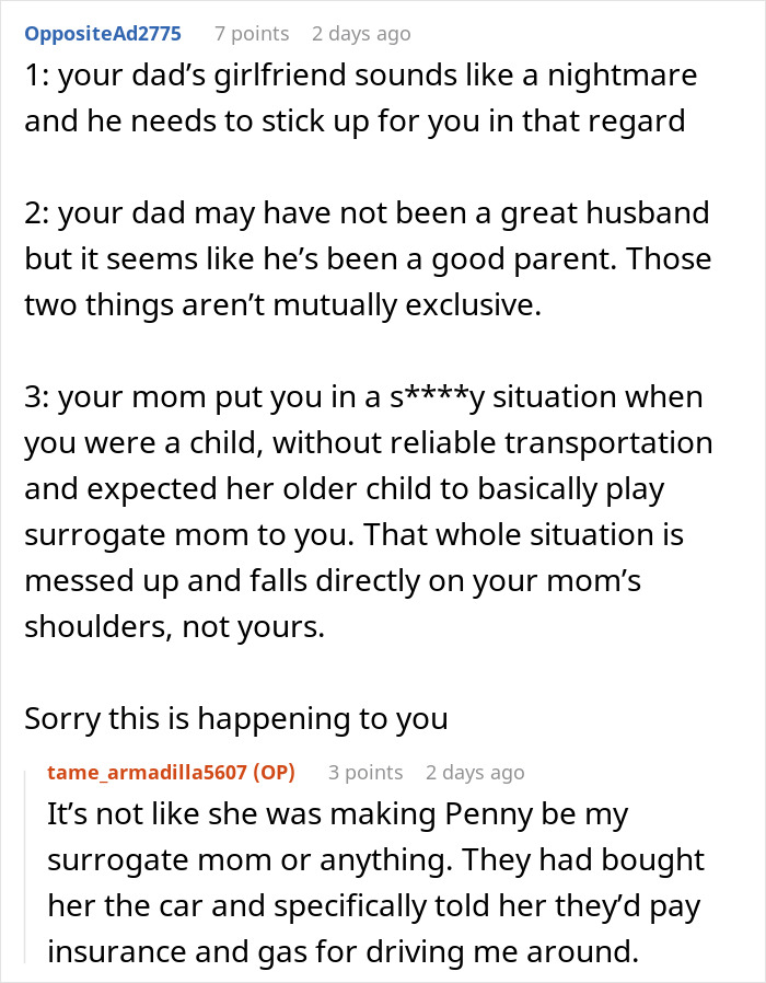 Reddit conversation discussing mom blaming daughter for picking dad in divorce and family relationship struggles.