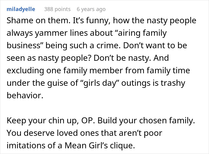 Screenshot of a user comment discussing a guy furious after family excludes him from girls day events. Screenshot of a user comment discussing a guy furious after family excludes him from girls day events.