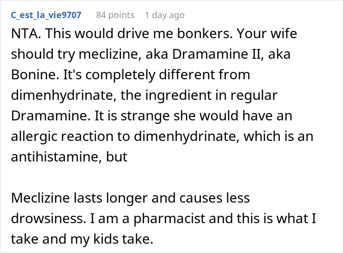 Redacted online comment discussing anxiety meltdown and safety risks leading to husband banning wife from front seat. Redacted online comment discussing anxiety meltdown and safety risks leading to husband banning wife from front seat.