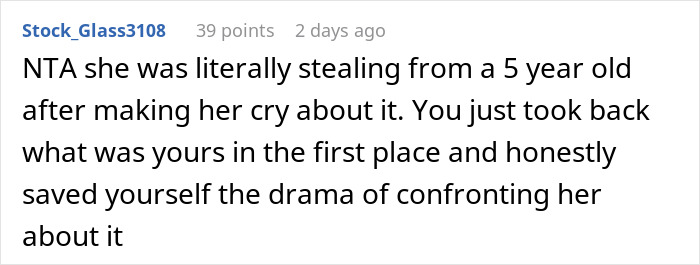 Reddit user comments on woman stealing 5-year-old niece’s skirt and lying when caught in a heated discussion. Reddit user comments on woman stealing 5-year-old niece’s skirt and lying when caught in a heated discussion.