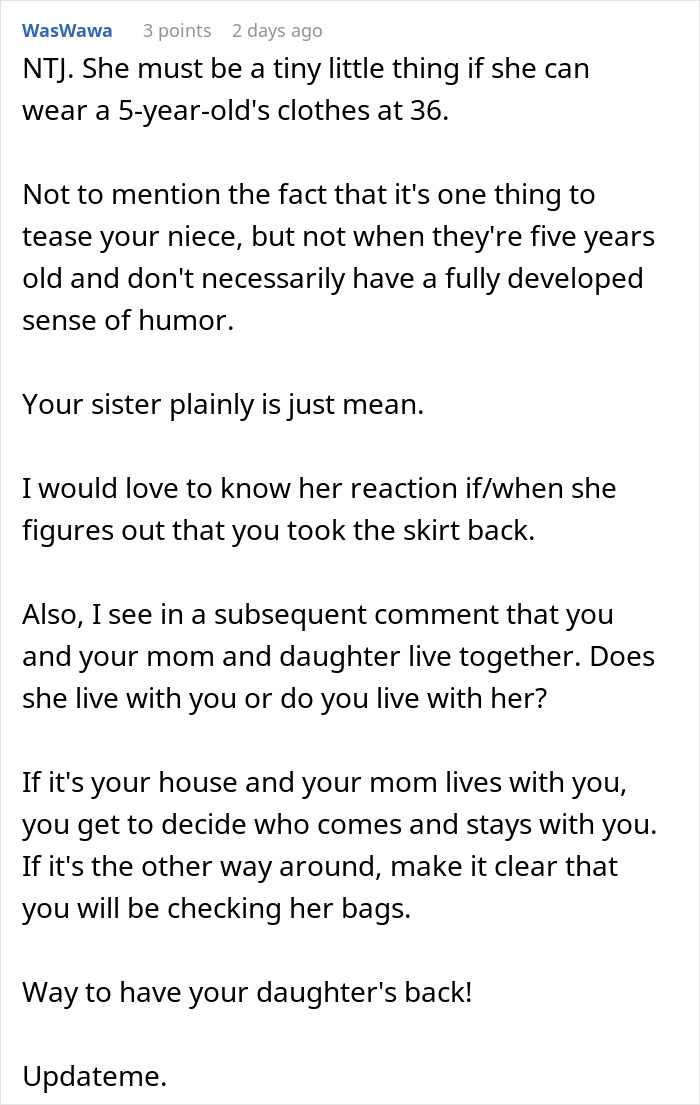 Comment discussing woman stealing 5-year-old niece’s skirt and the family dynamics involved in the situation. Comment discussing woman stealing 5-year-old niece’s skirt and the family dynamics involved in the situation.