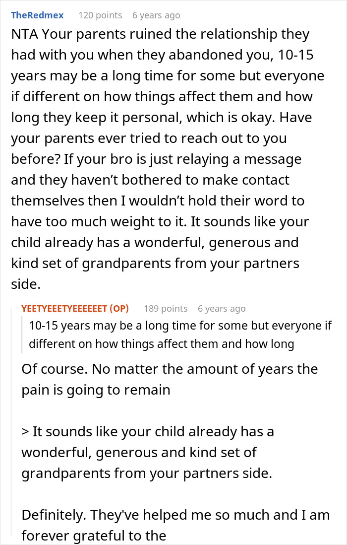 Text conversation discussing a woman refusing to let parents see her baby due to past events from 15 years ago.