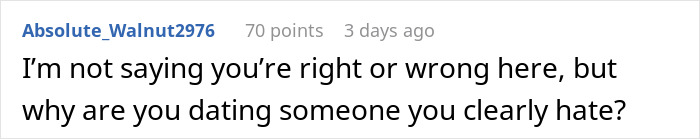 Comment about a man losing it as his girlfriend misunderstands his business trip, highlighting relationship tension.