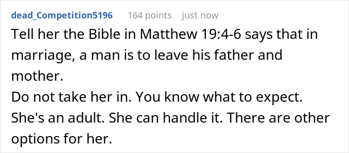 Text post discussing adult son refusing religious mom moving in, addressing guilt trips and biblical references about family roles. Text post discussing adult son refusing religious mom moving in, addressing guilt trips and biblical references about family roles.