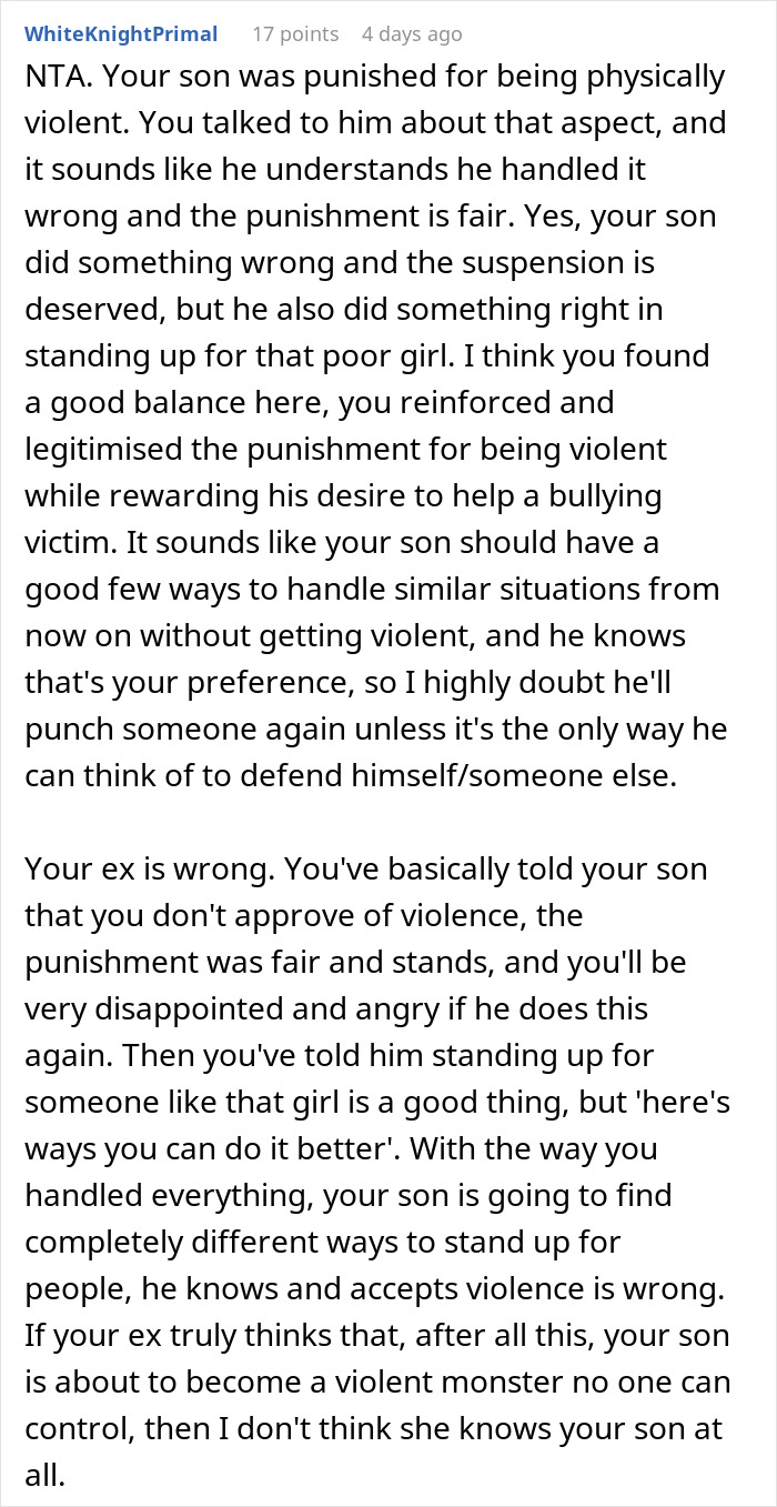 Alt text: Text discussion about dad taking son out to celebrate after he punches a bully and the ex wife’s negative reaction. Alt text: Text discussion about dad taking son out to celebrate after he punches a bully and the ex wife’s negative reaction.
