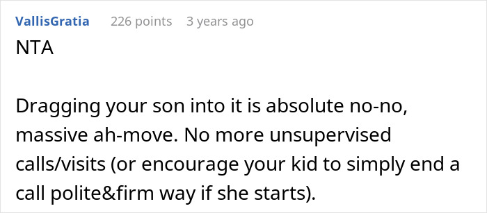Comment warning against involving son in a greedy mil wedding gift dispute, advising no unsupervised calls or visits.