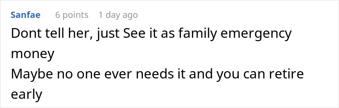 Text comment about woman worried about sister who became a tradwife starting a secret fund for her financial support.