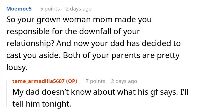 Reddit conversation about a mom blaming her daughter for choosing dad during divorce and family conflicts.
