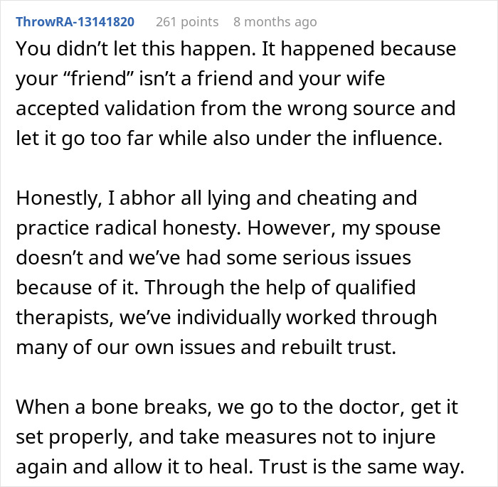 Screenshot of a Reddit comment discussing a man debating divorce after his wife&rsquo;s validation seeking nearly wrecked their lives.