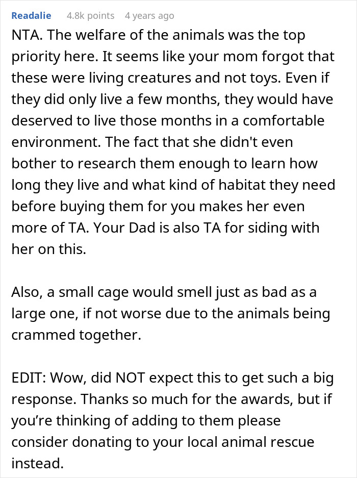Reddit comment discussing teen's effort to give gifted chinchillas proper life and mom upset over bare minimum care standards.