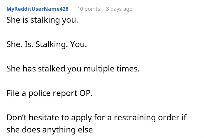 Reddit comment warning about stalking behavior related to coworker dispute and questioning disability claims after work.