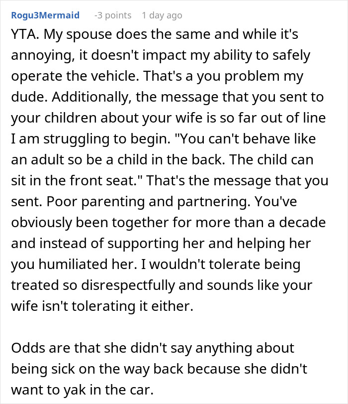 Screenshot of a Reddit comment discussing a husband banning his wife from the front seat after an anxiety meltdown risk. Screenshot of a Reddit comment discussing a husband banning his wife from the front seat after an anxiety meltdown risk.