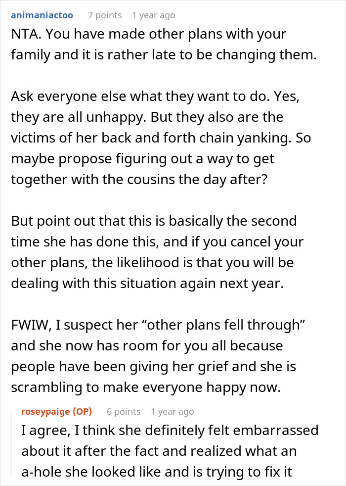 Screenshot of a Reddit conversation discussing a woman refusing to attend MIL&rsquo;s Thanksgiving after being reinvited.