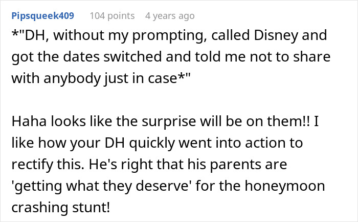 Text excerpt showing a husband&rsquo;s quick action to manage parents coming on honeymoon surprise by switching dates secretly.