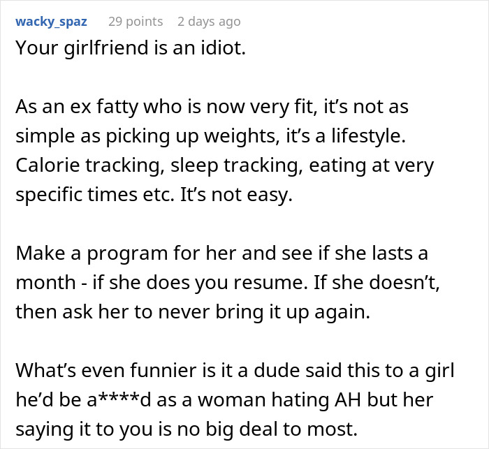 Comment discussing a woman demanding her swimmer boyfriend resemble her friend’s partner and his reaction.