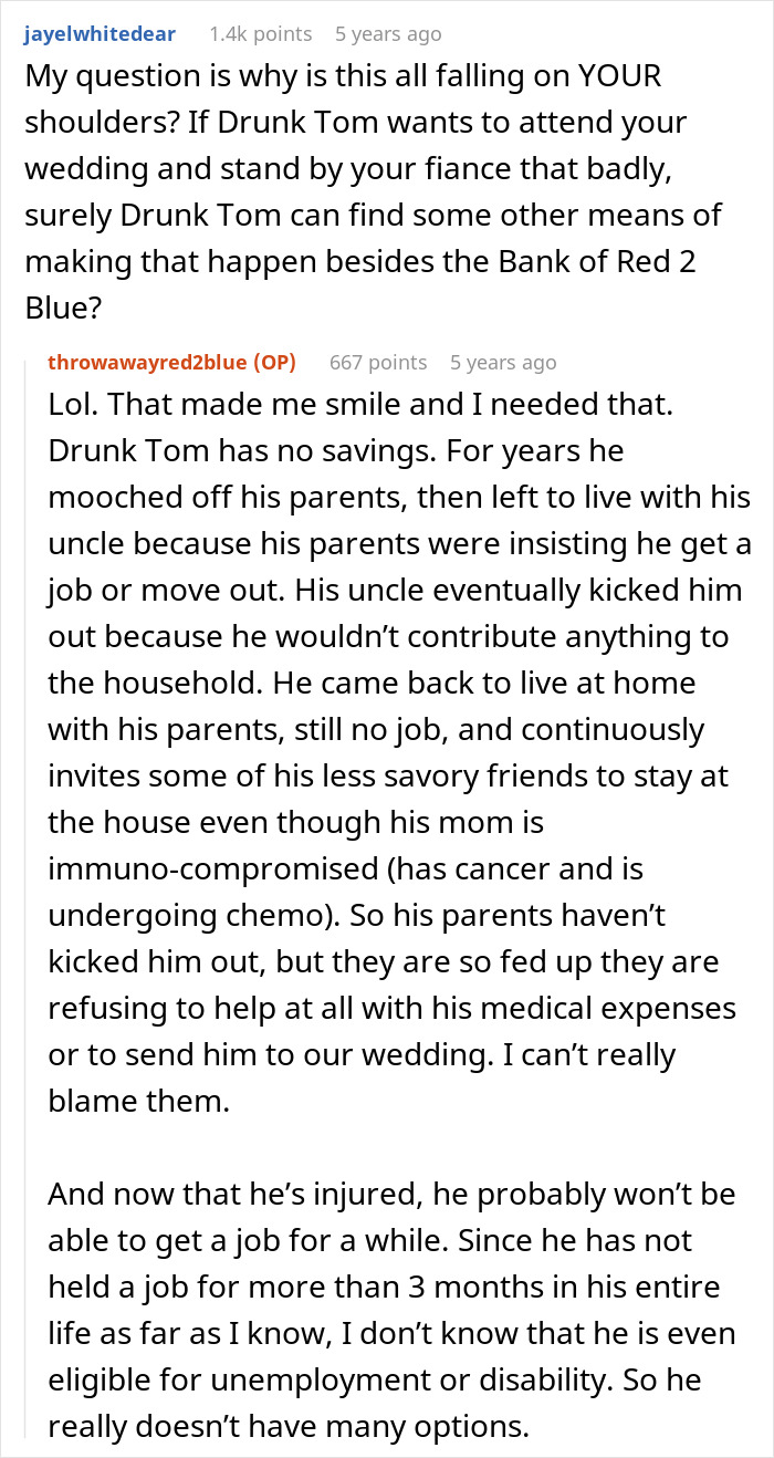 Reddit conversation about fiancé, wedding, and friend asking for money to attend the event despite financial struggles. Reddit conversation about fiancé, wedding, and friend asking for money to attend the event despite financial struggles.