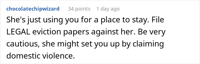 Comment warning about legal eviction and domestic violence risks in an ex house drama relationship context.