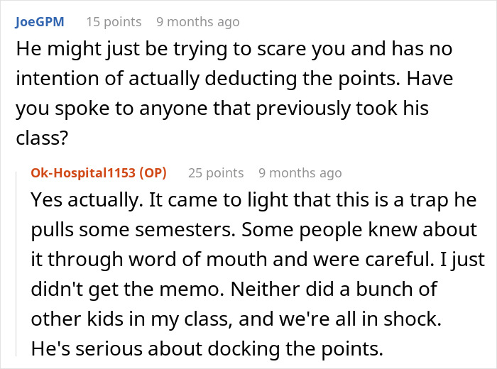 Screenshot of an online discussion where students push back after professor enforces phone rule without prior warning.