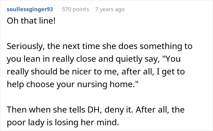 Text conversation screenshot showing a user advising a clever comeback about choosing a nursing home in a MIL vs DIL conflict.