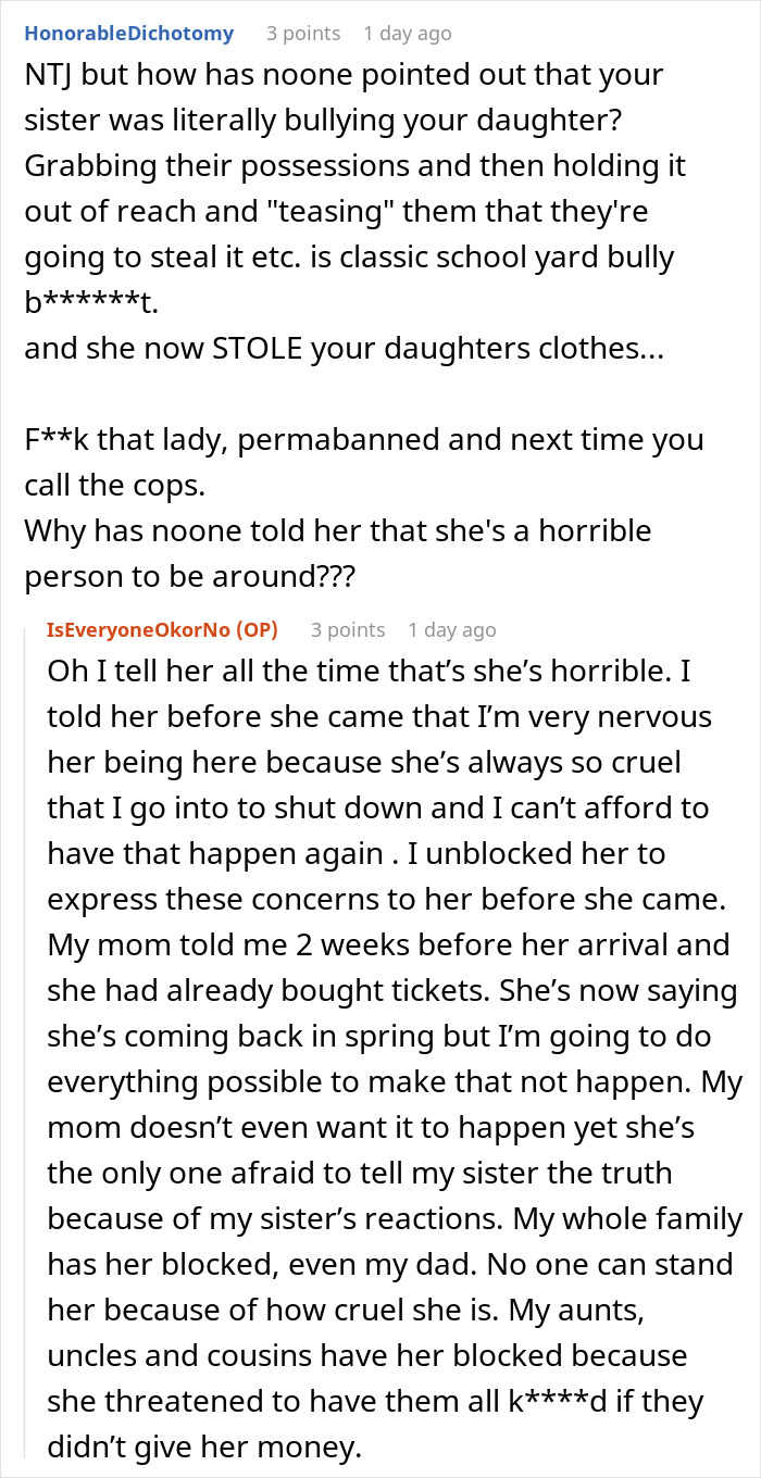 Comment discussing woman stealing 5-year-old niece’s skirt and lying when caught, describing family conflict and bullying behavior. Comment discussing woman stealing 5-year-old niece’s skirt and lying when caught, describing family conflict and bullying behavior.
