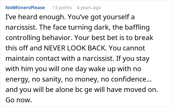 Comment warning about narcissist behavior and relationship advice related to boyfriend fears golddiggers and cooking.