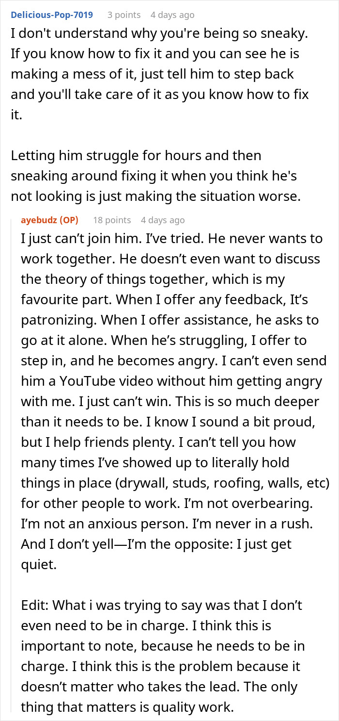 Reddit conversation showing woman frustrated as boyfriend feels emasculated when she fixes things and offers help. Reddit conversation showing woman frustrated as boyfriend feels emasculated when she fixes things and offers help.