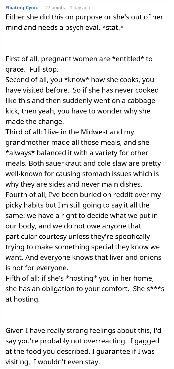 Comment text discussing pregnant woman declining expired food from her pantry and MIL’s meals causing conflict.