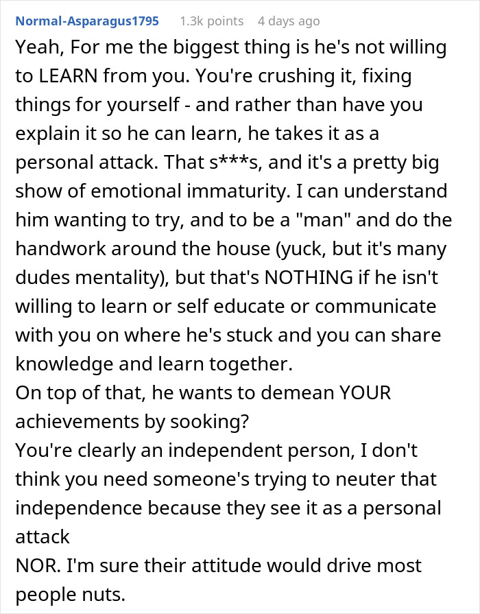 Alt text: Woman frustrated as boyfriend feels emasculated when she fixes things, reflecting relationship tension and emotional immaturity. Alt text: Woman frustrated as boyfriend feels emasculated when she fixes things, reflecting relationship tension and emotional immaturity.
