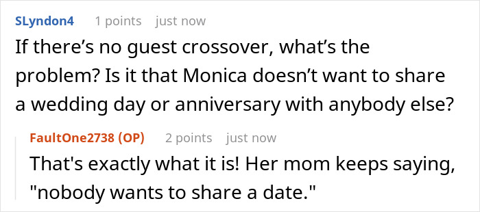 Screenshot of an online comment discussing a family dispute over ownership of a wedding date and sharing it with a cousin. Screenshot of an online comment discussing a family dispute over ownership of a wedding date and sharing it with a cousin.