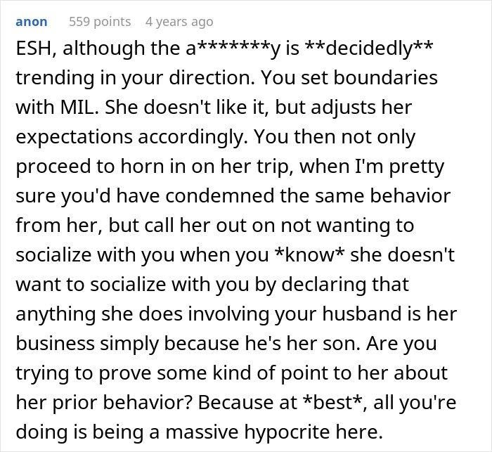 Comment criticizing boundary-setting efforts, illustrating issues in ruining family relationship lying mil dynamics. Comment criticizing boundary-setting efforts, illustrating issues in ruining family relationship lying mil dynamics.