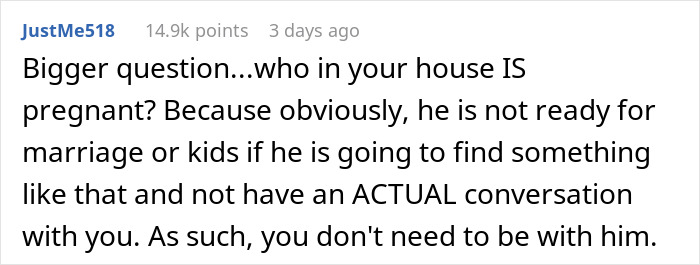 Screenshot of a social media comment discussing a man showing his true colors after assuming fianc&eacute;e is pregnant.