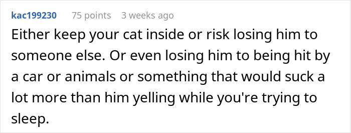User comment about a cat disappearing for days and the risks of letting cats roam outside unattended.